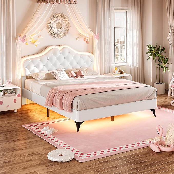 BTHFST Queen Size Upholstered Bed Frame with LED Lights, Adjustable Headboard with Crystal Button, Princess Platform Bed for Girls, Solid Wood Slats Support, No Box Spring Needed, Beige