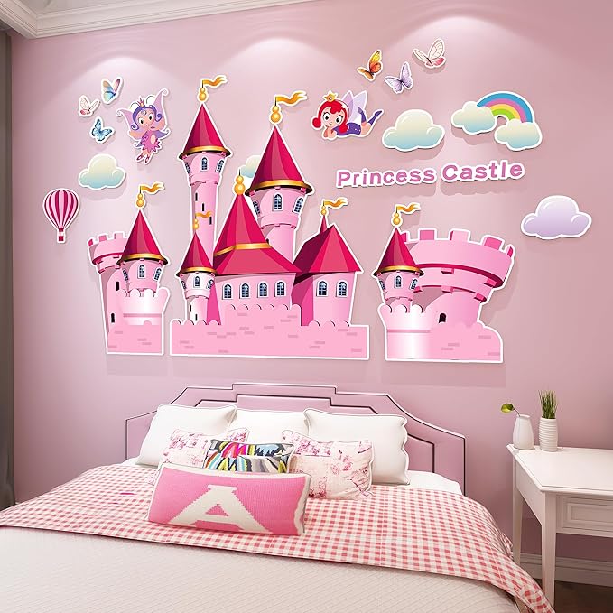3D Castle Wall Stickers for Girls Room Decor Wall Decals Peel and Stick for Girls Bedroom Large Pink Princess Pictures Kids Murals Wallpaper Art Inspirational Decor for Nursery Toddler