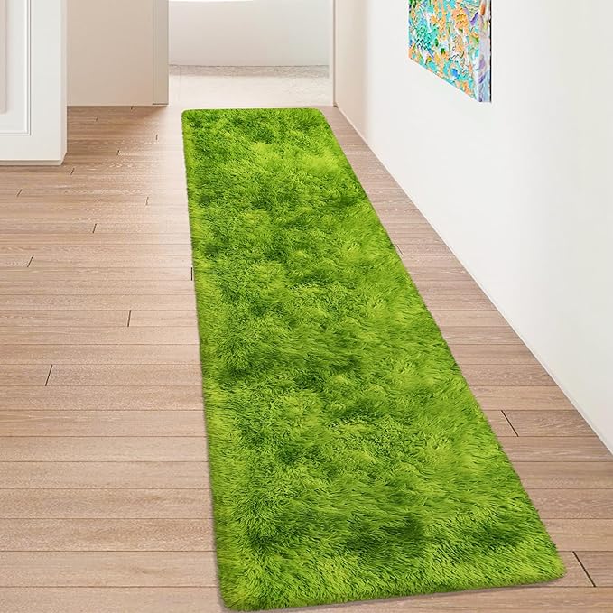 Grass Green Tie Dyed Rug 2x8 ft Plush High Pile Shag Carpet Fluffy Soft Runner Bedside Rug for Bedroom Living Room Hallway Nursery Kids Home Decor