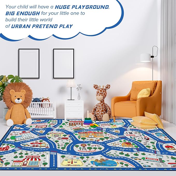Tinideya Kids Carpet Playmat Rug Player Car Rug, 6 x 9 ft Traffic Map Mat Educational Game Area for Toddler Children Playroom Classroom Bedroom (City, Blue)