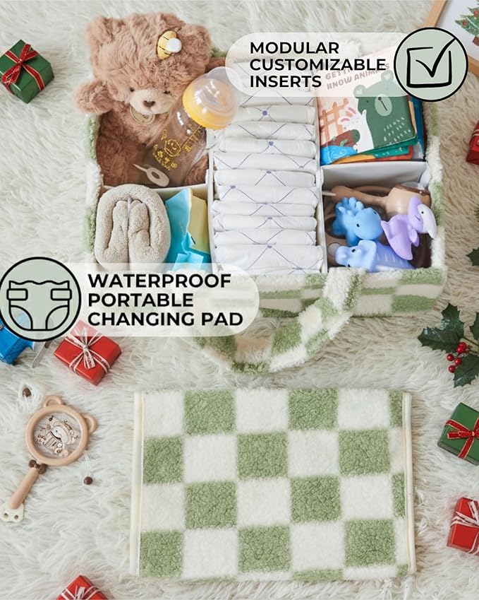 Checkered Diaper Caddy Organizer with Portable Changing Mat - Teddy Fleece Diaper Organizer for Changing Table - Caddy Organizer with Removable Dividers - Green and White