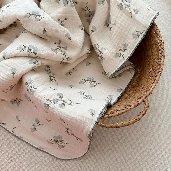 BuLuTu Large Muslin Toddler Blanket for Boys Girls Baby Bed Blankets Floral Print Swaddle Blankets Soft Breathable Toddler Crib Quilt, All Seasons,Hyacinth Pattern,47"x51"