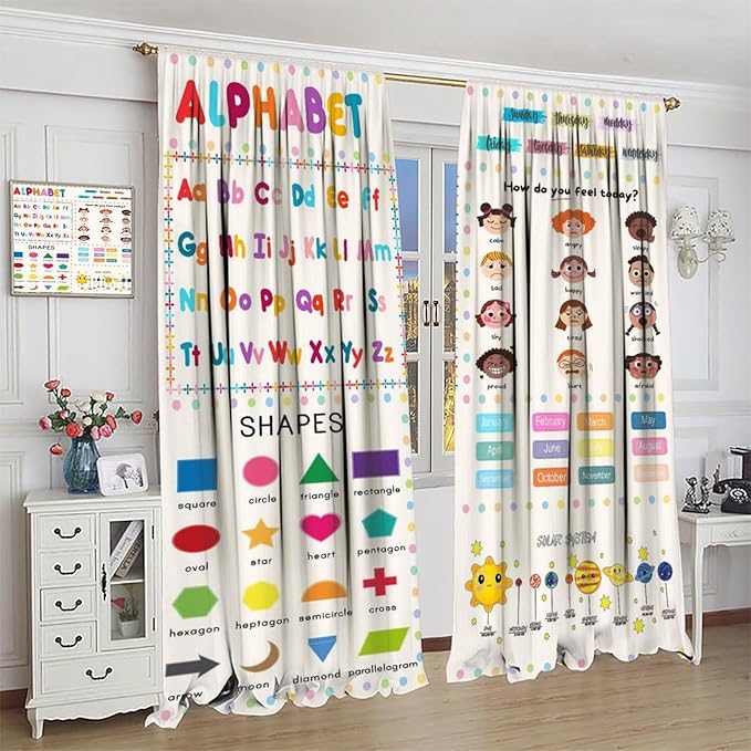 Kids Educational Alphabet Cartoon Curtain Solar System Shapes Cute Knowledge Printed Rod Pocket Window Drapes for Todders Nursery Baby Bedroom Living Room Decor 42" W X 45" L