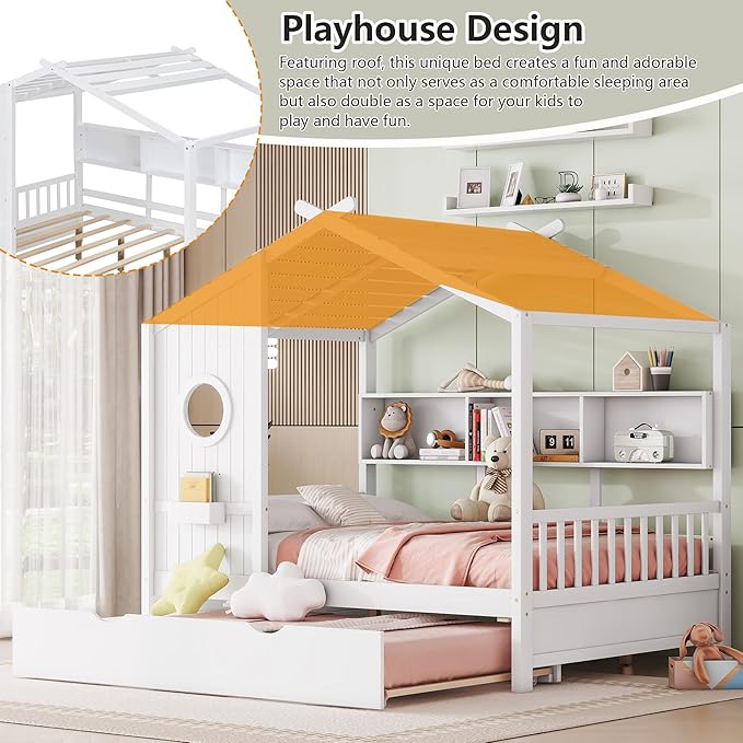 Harper & Bright Designs Kids Full Size House Bed with Trundle & Storage Shelf, Wood Full Size Platform Bed Frame with Roof, House Bed for Boys, Girls, White