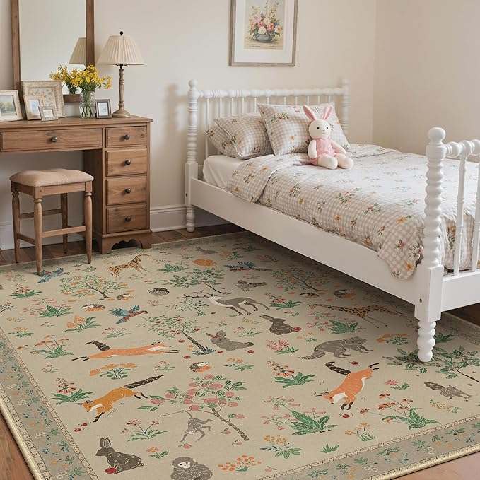 Washable Rugs 8x10 Rug for Living Room,Floral Animal Print Area Rug, Non Slip Low Pile Carpet for Bedroom, Dining Room, Nursery,Playroom, Light Taupe