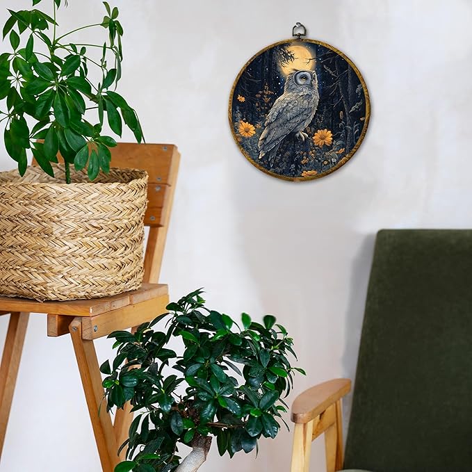 Hiuwevt Moonlight Floral Owl Round Wall Art Decor, Dark Academia Cottagecore Framed Canvas Prints, Whimsical Gothic Owl Round Wall Hanging Decor for Office Home Room Decorations, 10x10 Inches