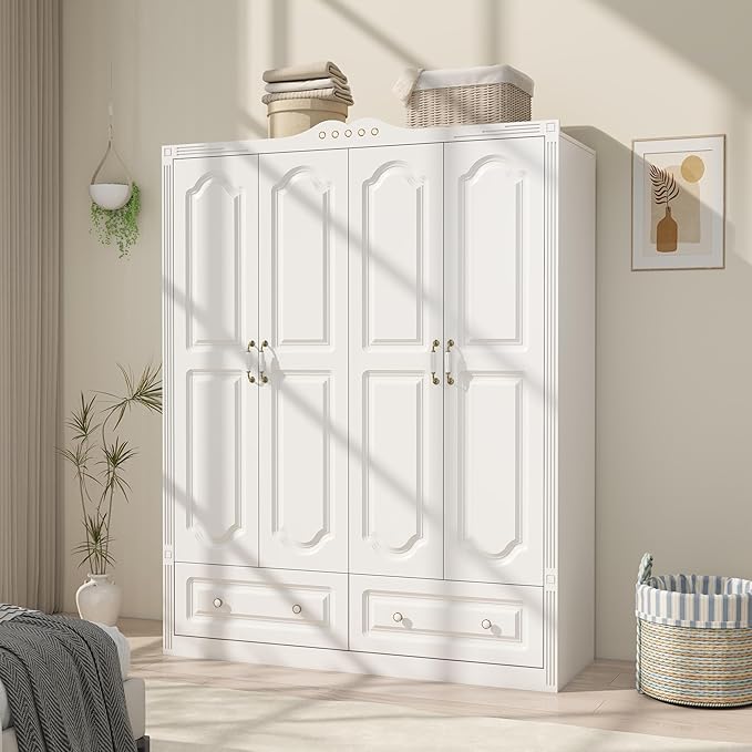 White Armoire Wardrobe Closet with Drawers: 74" Large Wardrobe Closet with 4 Doors and 2 Drawers, Bedroom Armoires with Hanging Rod, Wooden Armoire Closets for Hanging Clothes (White, 59")