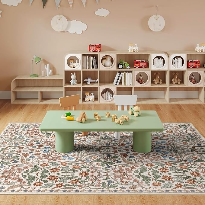 6x9 Washable Area Rug for Living Room, Floral Non-Slip Non-Shedding & Easy Care, Soft Low Pile Botanical Indoor Floor Carpet for Living Room, Bedroom, Farmhouse, Dining Room, Kids Playroom, Beige