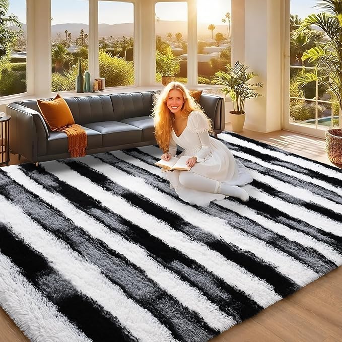5x7 Feet Area Rugs for Living Room Bedroom,Black and White Machine Washable Soft Fluffy Shaggy Indoor Rug, Floor Carpet for Girls Boys Kids, Dorms, Nursery Rooms, Home Decor Aesthetic