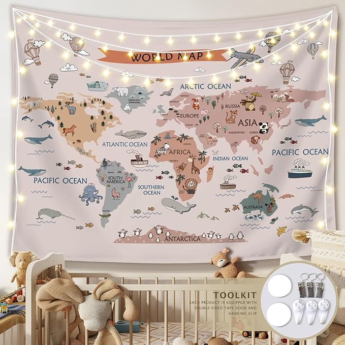 LIANGW Kids World Map Tapestry, Animal Continents Educational Geography Wall Hanging, Wildlife Learning Wall Blanket for Nursery, Classroom, Toddler Bedroom, Playroom Decor 50x60 Inch