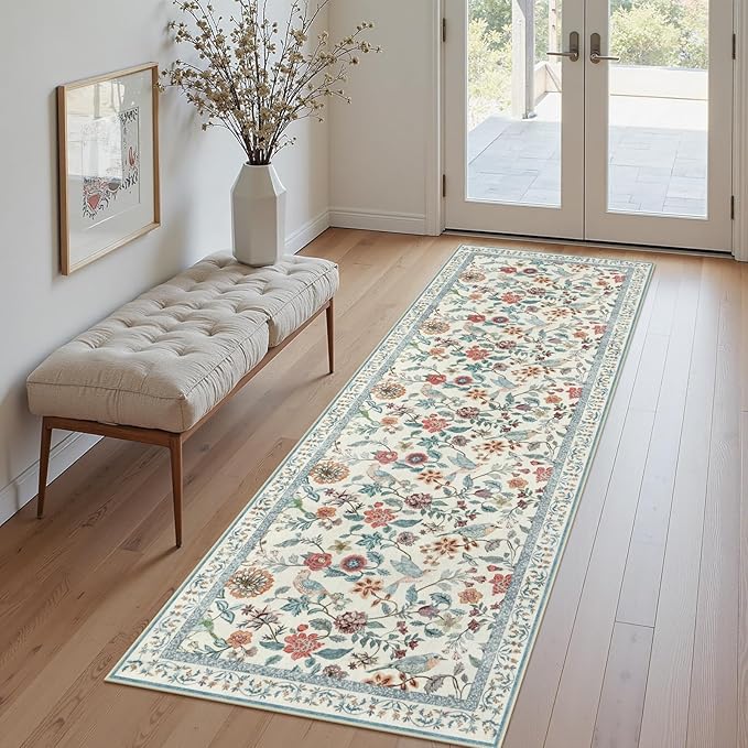 Blue Floral Runner Rug, 2x6 Washable Rug Runners for Hallways Non-Slip, Soft Low Pile Flower Birds Long Bathroom Mat Botanical Throw Carpet for Kitchen Laundry Entryway Porch