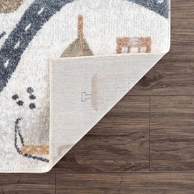 Hauteloom Mave Road Rug for Kids, Toddler Room, Nursery, Playroom, Classroom- Machine Washable - Cream, Red, Blue, Gray - 9'2" x 12'