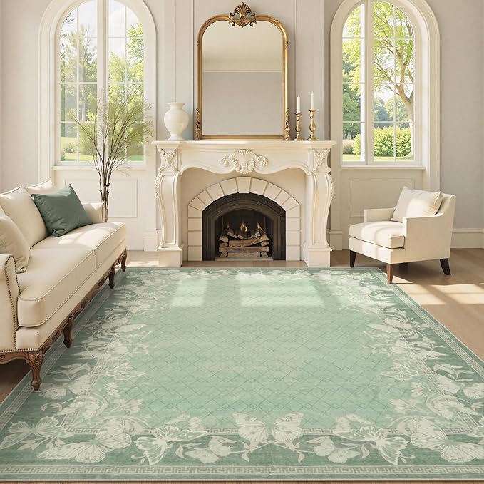 STARUIA Green Rugs for Living Room, 5x7 Washable Butterfly Area Rugs for Bedroom, Non-Slip Soft Farmhouse Carpets for Dining Room Office Guest Room Nursery Kids Room Decor (Green,5'x7')