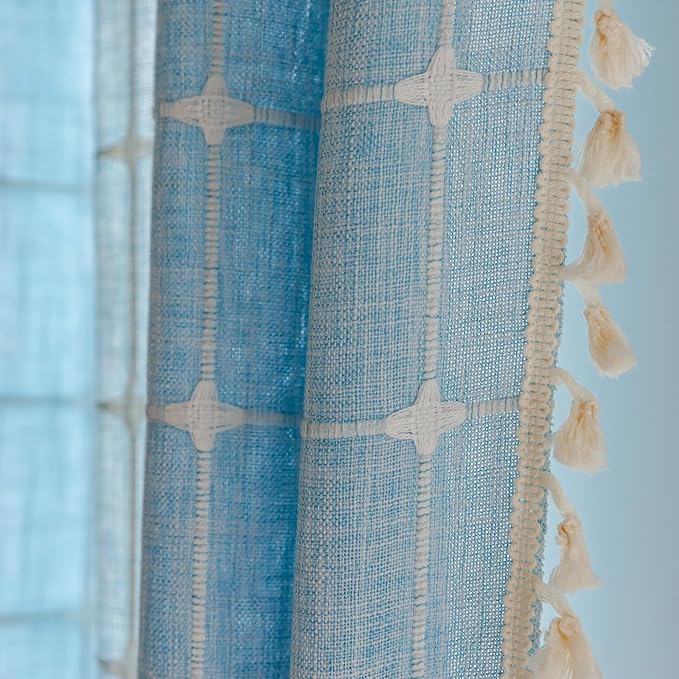 Deeprove Blue Boho Curtain 84 Inches Long for Kid Boy's Bedroom Nursery Room, Cotton Linen Lattice Plaids Embroidery Semi Blackout Bohemian Window Treatment Grids Drape Tassels, 1 Panel W52 x L84