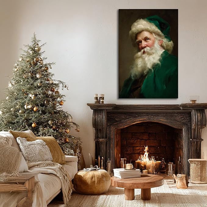 YONICA Christmas Canvas Wall Art Green Santa 18x24 Inch Historical Christmas Figure Art - Large Framed Gallery Wrapped Collectors Edition