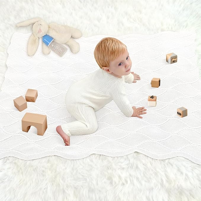Thick Cotton Knit Baby Blanket 40x31 Inches – Soft Breathable Newborn Blanket for Boys & Girls, Wavy Pattern Receiving Blanket for Crib, Stroller, or Nursery, Gift Box for Baby Shower (White)