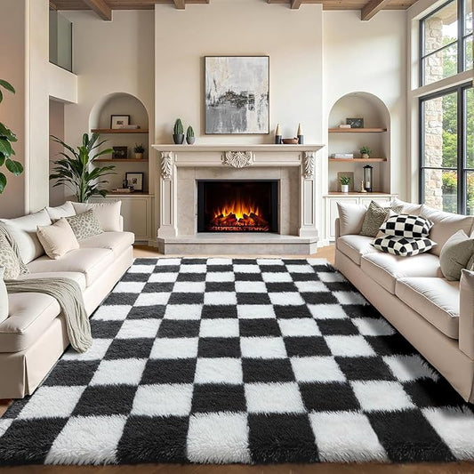 KICMOR 8x10 Area Rugs for Living Room, Large Fluffy Checkered Rug for Bedroom, Soft Plush Black and White Big Fuzzy Shag Shaggy Carpets for Kids Boys Girls Teen Dorm Nursery Home Decor Aesthetic