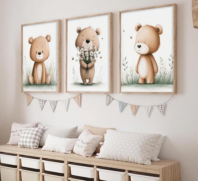 3Pcs Cute Bear Nursery Wall Art Cute Animals Flower Painting Picture Wall Decor Boho Teddy Bear Poster Print Artwork for Children Room Baby Room Nursery Boy Room Girl Room Home Decoration