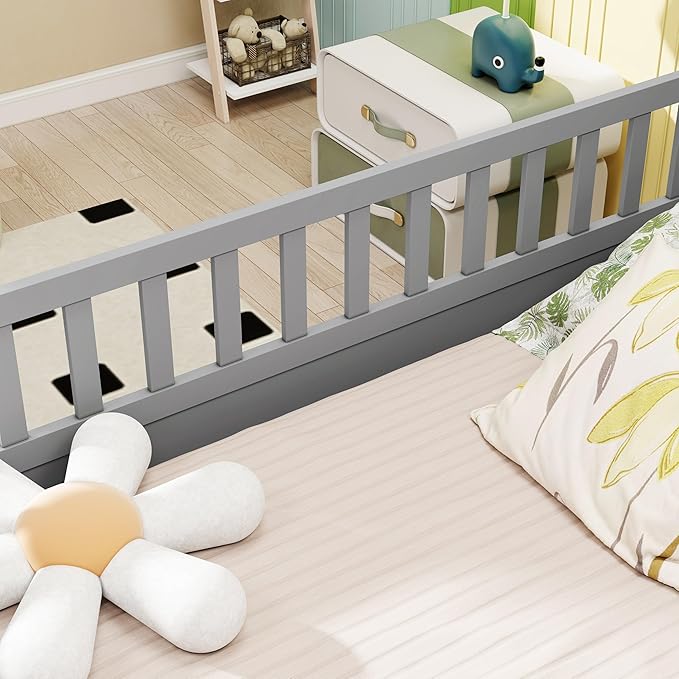 GDFStudio Full Size Floor Bed Frame with Door & Guardrails, Toddler Full Bed Frame for Boys Girls, Low to Floor Wooden Bed Rails for Toddlers, Montessori Floor Bed for Baby, No Support Slat, Grey