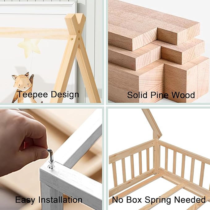 Full House Bed Frame with Fence Rails and Door,Wood Montessori Floor Bed with Slats Support,Teepee Tent Beds Kids Bed Frames for Girls Boys, Natural