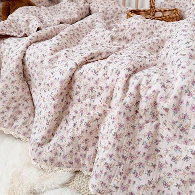 BuLuTu 2 Layers Muslin Cotton Blanket Quilt for Twin Bed, Elegant Chic Purple Flower Pattern Girls Boys Blankets Soft Breathable Summer Comforter for Kids Children, 60x78 Inches