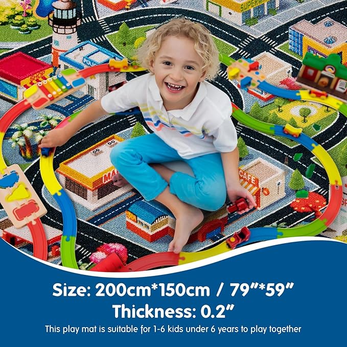 Booooom Jackson Car Rug City Life Great for Kids Toy Cars, Play Learn and Have Fun Safely - Kids Rug Baby Children Educational Road Traffic Play Mat for Bedroom Play Room Game Safe Area(59X79Inch)