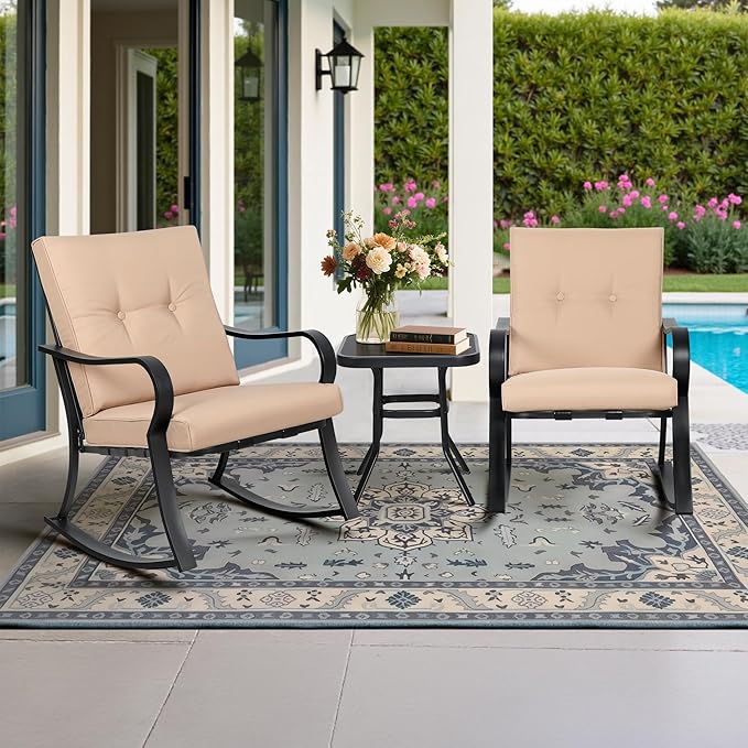 SUNCROWN Outdoor 3-Piece Rocking Chairs Patio Bistro Set Black Steel Furniture with Thickened Cushion and Glass-Top Coffee Table, Brown