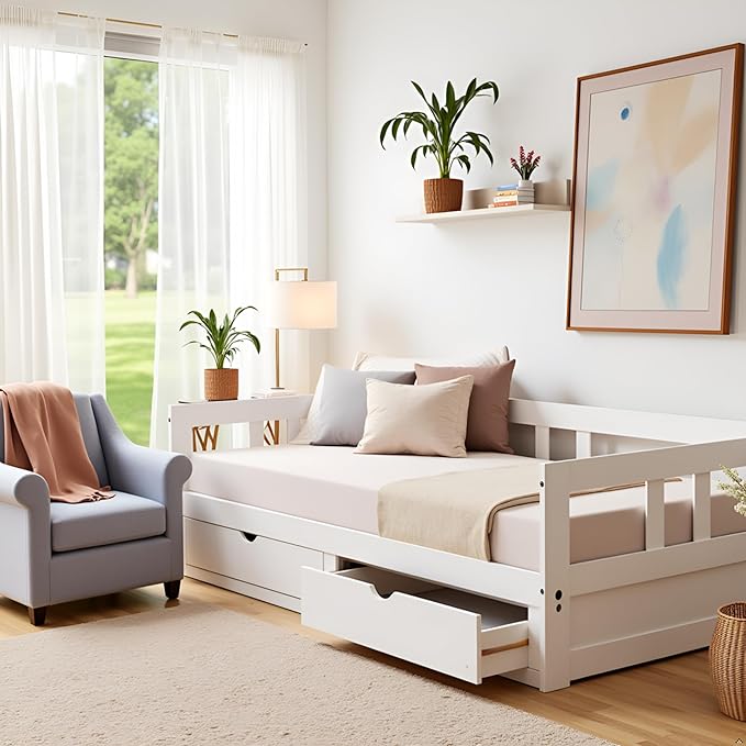 Alaterre Furniture Melody Twin to King Extendable Daybed with Trundle and Storage Drawers – Solid Pine Wood Kids Bed Frame with Headboard – Guest Bed for Boys, Girls, Toddlers, or Teens (White)