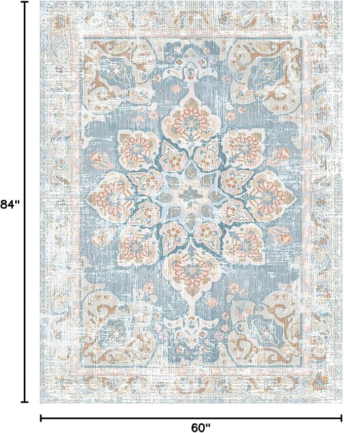 Vhong Washable Area Rugs Boho Vintage Neutral Modern Pale Blue 5x7 Non Slip Carpet for Living Room Dining Room Bedroom