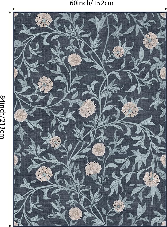 GENIMO 5x7 Vintage Floral Area Rug, Soft Microfiber Washable Rug with Non-Slip Backing, Blue and Black Carpet for Living Room, Bedroom and Dining Room