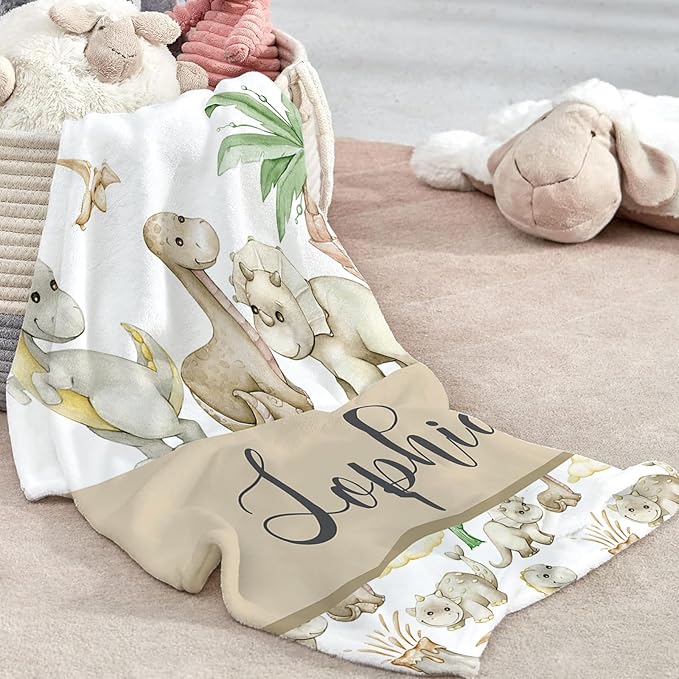 Custom Baby Crib Bedding Set - Cute Dinosaur Design Personalized Name Baby Nursery Bedding 3 Pcs Set - Chic Soft Blanket, Fitted Sheet, Room Rug for Newborns Boys Girls Gifts