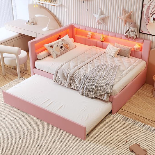 Full Size Soft Daybed with Trundle, Storage Shelves and LED Belt, Linen Upholstered Corner Bed with L-Shaped Bookshelf Headboard and USB Charger for Kids Boys Girls, Pink