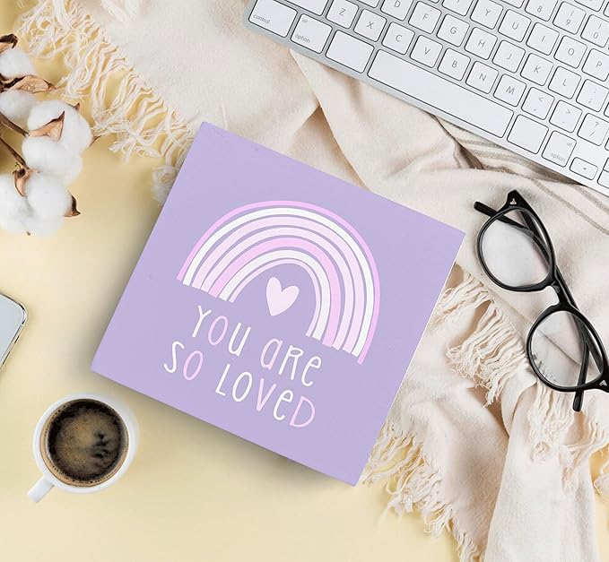 SRADMO You Are So Loved Rainbow Heart Wood Box Sign Desk Decor, Kids Inspirational Quotes Wooden Block Box Sign Decoration for Kids Room Nursery Shelf Table Decorative Accessories (Purple), 8x8 Inches
