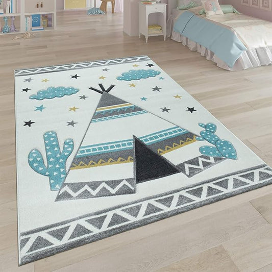 Kid's Rug for Children's Room with Indian Tent in Pastel Colors, Size: 5'3" x 7'7"