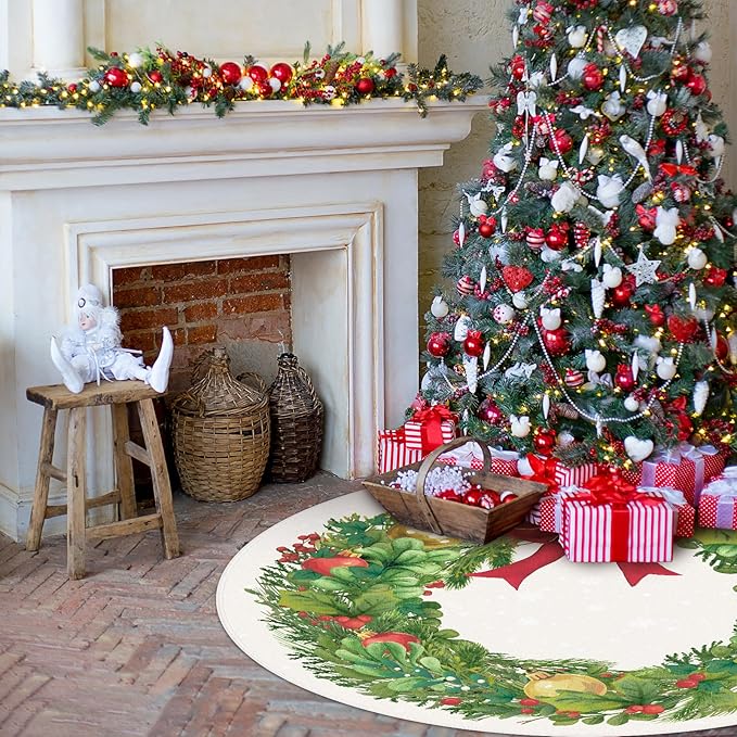 4' Machine Washable Christmas Round Area Rug, Non-Slip Vintage Floral Circle Floor Rugs for Kids, Low Pile Room Carpet for Living Room, Bedroom, Dining Room & Nursery(4' Christmas Wreath)