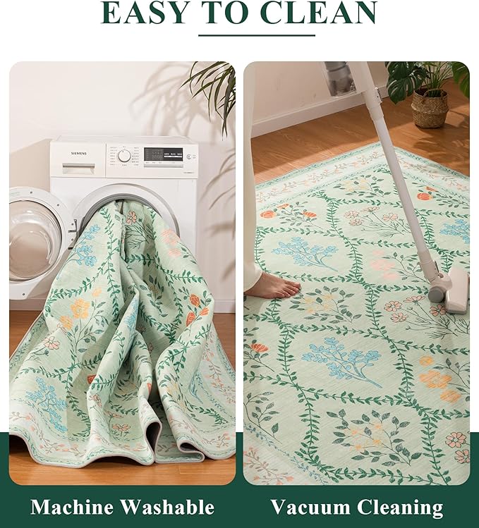 YIHOUSE Green Floral Print Rugs, Moroccan Trellis 10x14 Washable Large Rug, Modern Pastel Non Slip Ultra-Thin Area Rug for Classroom, Nursery Playroom,Dorm,Bedroom,Living Room, Green Multi