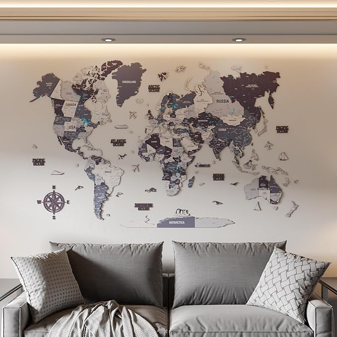 Colorfull Worlds 3D Wooden World Map Wall Art - Premium Multicolored World Travel Map for Wall Decor with Push Pins- Ideal Housewarming Gift & Travel Tracker (XXLarge, Nimbus)