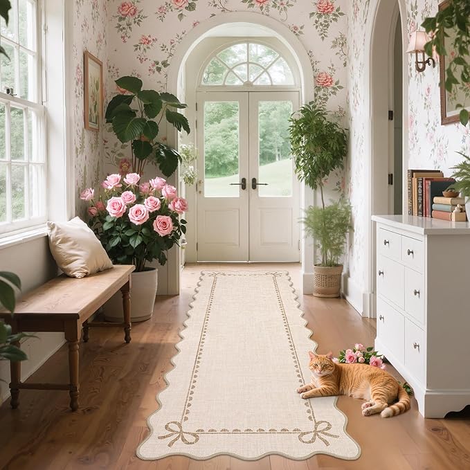 GarveeHome Scalloped Bow Rug for Living Room, Solid Beige Rug for Dorm, Washable Runner Rug 2.5x8 Soft Low Pile Non Slip Scalloped Rugs for Nursery Bedroom Decor Hallway Entryway Playroom
