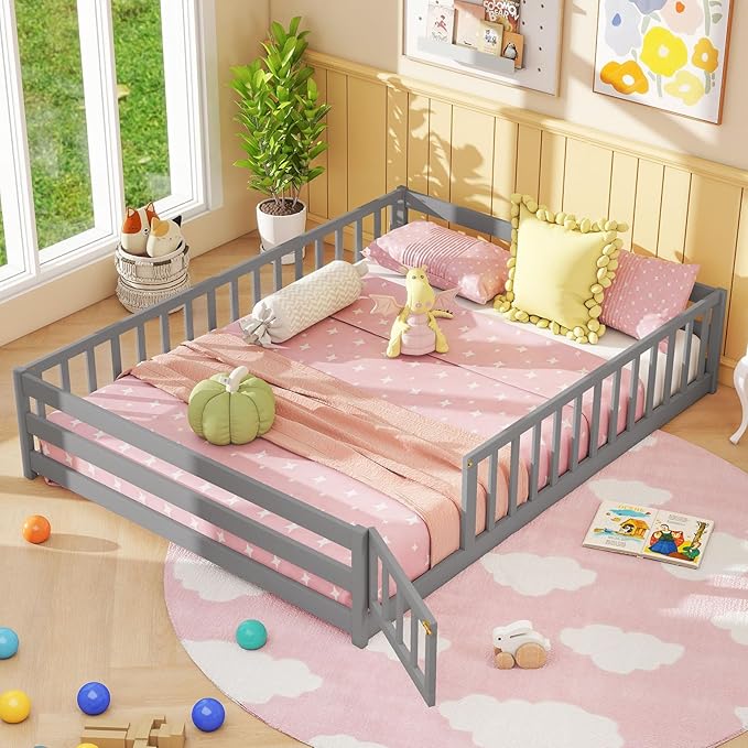 Giantex Full Floor Bed with Door & Fence, Kids Wood Montessori Beds with Safety Guardrails, Floor Bed Twin for Kids, Boys, Girls, No Box Spring Needed, Grey