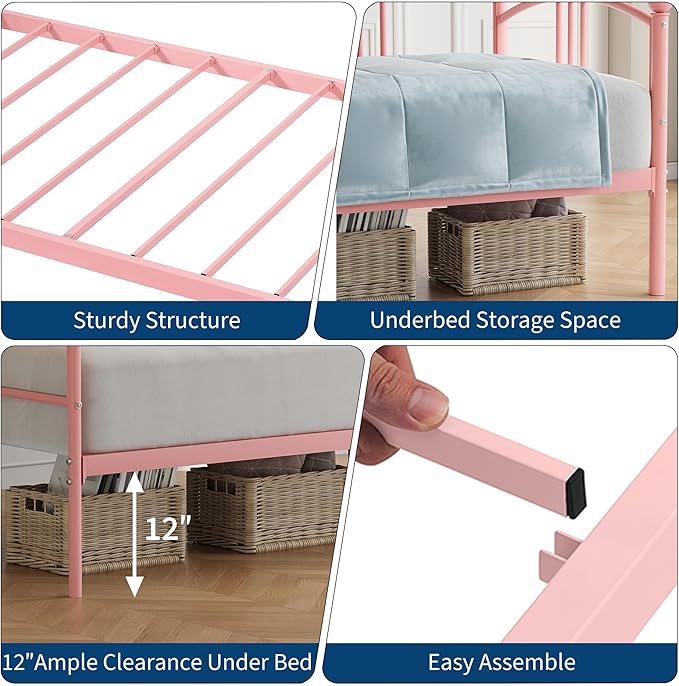 GarveeHome Twin Daybed, Sturdy Metal Day Bed with Steel Slat Support, Arched Headboard Sofa Bed for Living Room, Bedroom and Guest Room, Pink
