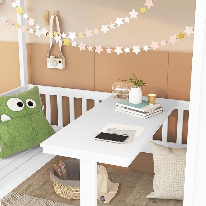 Playhouse Twin Size Loft Bed with Storage Staircase, Solid Wood Bunk Bed Frame with Guardrail for Kids Teens Boys Girls, Down Bed Convertible to Seats and Table Set (White-C)
