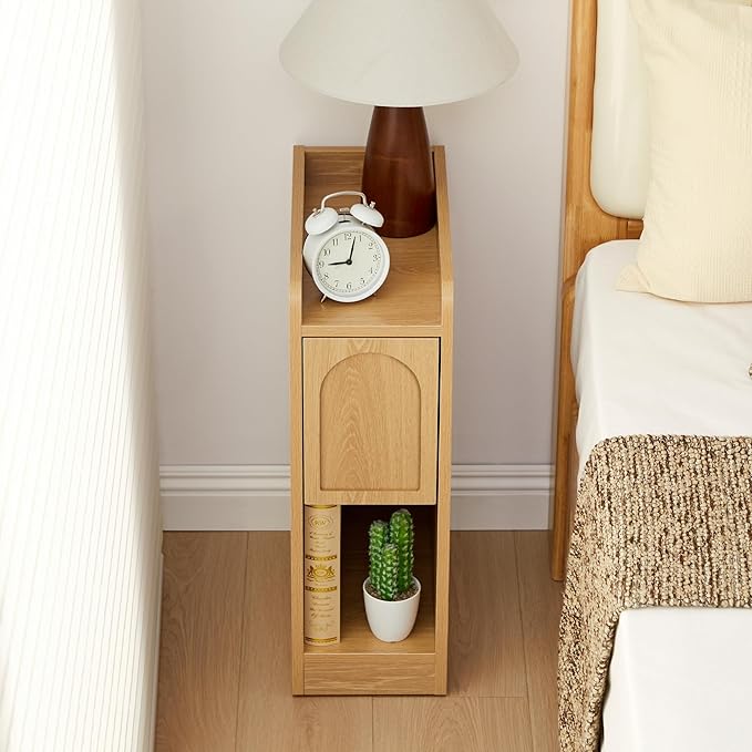 Narrow Nightstand, Slim Bedside Table with Raised Edge Top, Arched Drawer & Open Shelf, Modern Wooden Small Side End Table for Bedroom or Living Room (1, Natural)