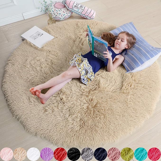 Amdrebio Beige Round Area Rug 4Ft for Bedroom, Machine Washable, Fluffy Plush Shag Furry Circle Rugs for Kids Room, Living Room Decor Aesthetic, Cute Fuzzy Carpet for Nursery Playroom Dorm Baby Teens