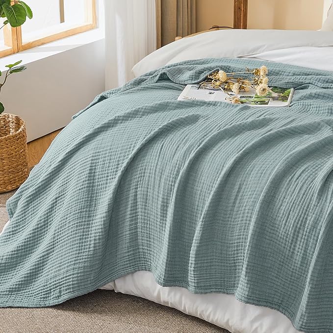 EMME Cotton Muslin Queen Blanket Bed Layering Bedspread Coverlet Breathable Gauze Soft Lightweight (Heather Teal, 90"x90")