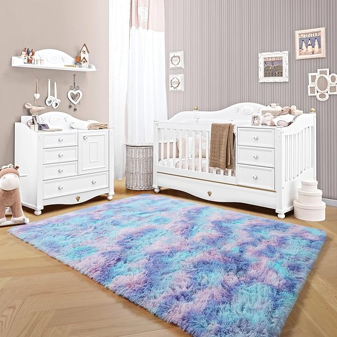 ONASAR Fluffy Area Rugs for Girls Bedroom, 4x6 Purple Rainbow Washable Bedside Rug, Indoor Cute Ultra Soft Plush Shag Floor Carpets for Nursery Kids Teen Girl Dorm Princess Room Playroom Home Decor