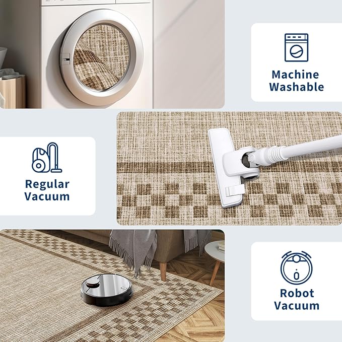 GarveeHome Modern Bordered 8x10 Area Rugs for Living Room Bedroom Soft Washable Large Bedroom Throw Carpet Non Slip Checkered Geometric Rugs for Dining Room Home Decor Office, Taupe