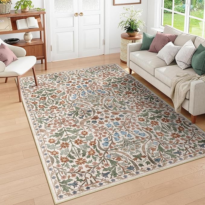 6x9 Washable Area Rug for Living Room, Floral Non-Slip Non-Shedding & Easy Care, Soft Low Pile Botanical Indoor Floor Carpet for Living Room, Bedroom, Farmhouse, Dining Room, Kids Playroom, Beige