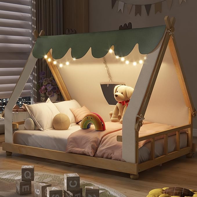 Full Size Floor Bed with Tent and Light, Wooden Montessori Bed Frame with Roof Design, Low Profile Beds for Kids, Boys and Girls, White