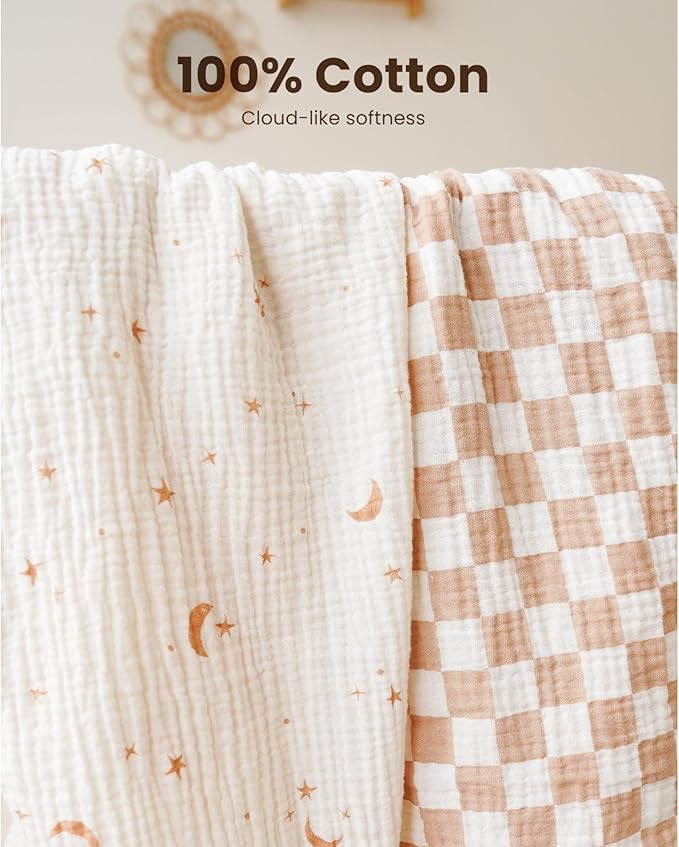 Konssy 2 Pack Muslin Bassinet Sheets for Baby Boy, 100% Cotton Soft Breathable Bassinet Mattress Sheets Fit for Hourglass Oval Cradle Rectangle Mattress (Coffee Check,Moon)