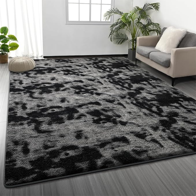 Large Area Rugs for Living Room, 7 x 10 Ft Non-Slip Soft Tie-Dyed Thickened Memory Foam Rug for Bedroom, Comfy Indoor Floor Carpets for Boys Girls Dorm Room Nursery Home Decor, Dark Grey